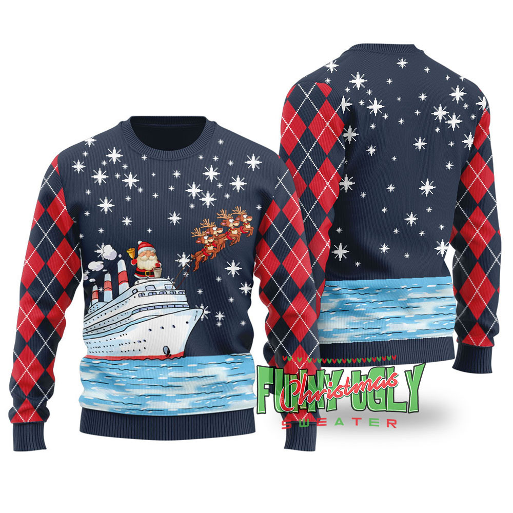 Santa Reindeer Ship Ugly Christmas Sweater Navy Lovely Merch Gift for Cozy Winter Nights