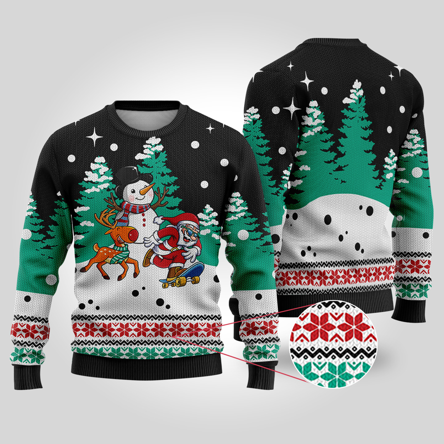 Santa Reindeer Snowman Ugly Christmas Sweater Black Funny Xmas Sweater for Ugly Sweater Parties