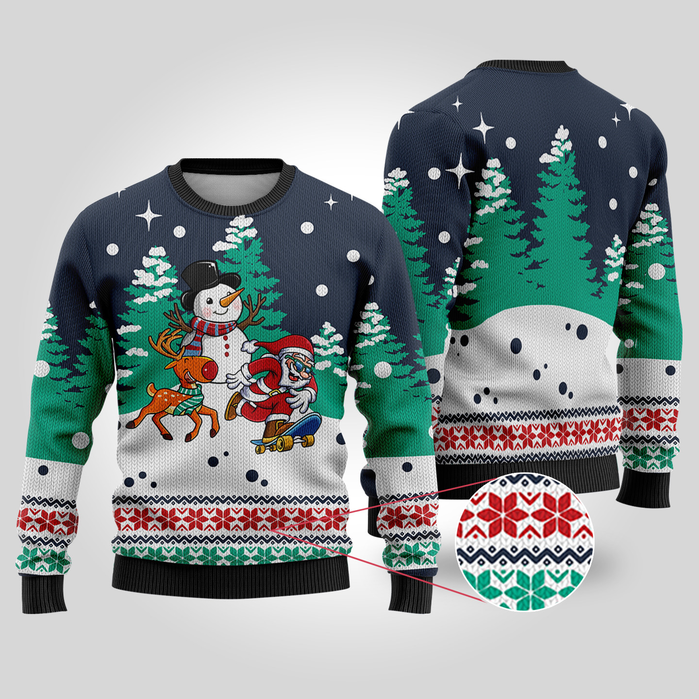 Santa Reindeer Snowman Ugly Christmas Sweater Navy Soft Cotton Sweatshirt for Winter Comfort