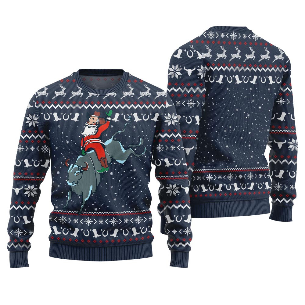 Santa Rides A Bull Pattern Ugly Sweater Navy Perfect Gift Sweater for Friends and Family