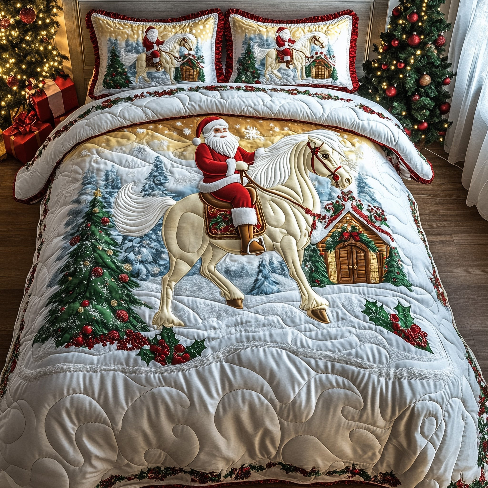 Santa Rides Horse Quilted Bedding Set Happy Xmas Day Theme Horse Lovers Gifts