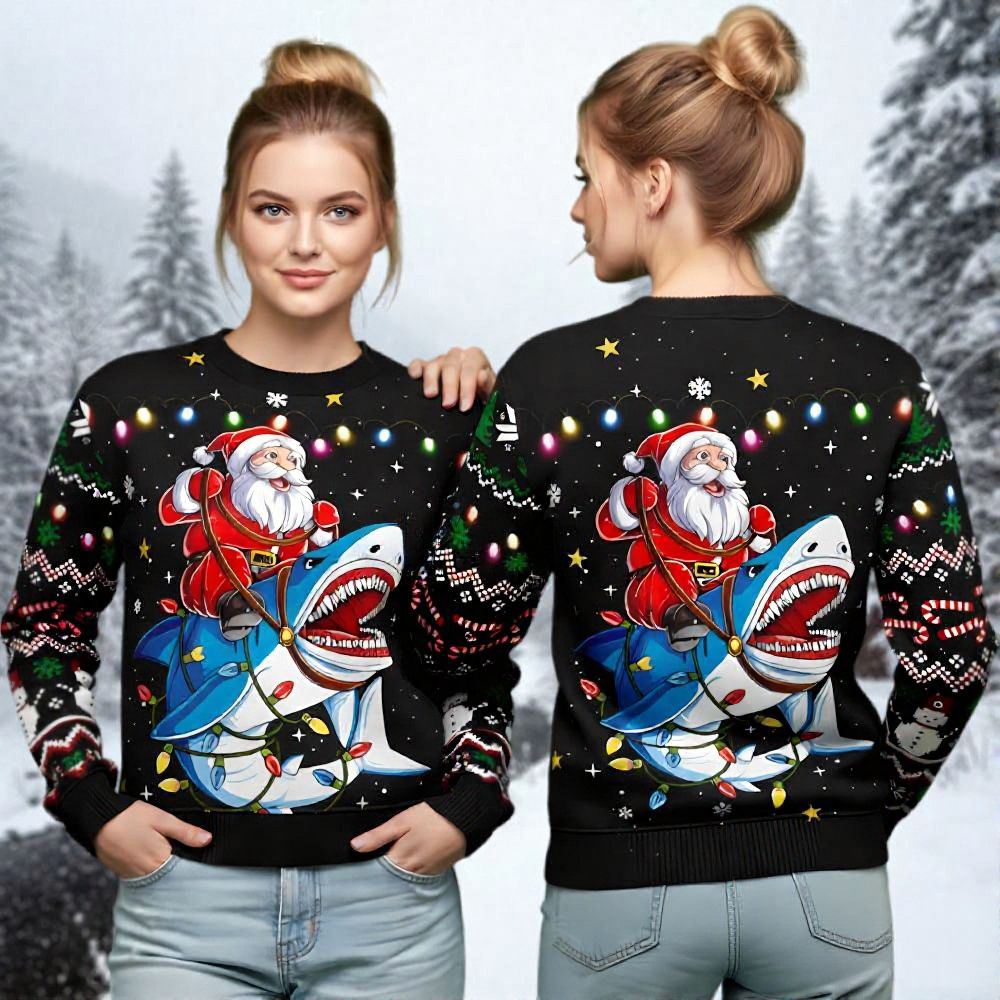 Santa Rides Shark Christmas Ugly Sweater Animal Themed Xmas Gifts For Shark Lovers