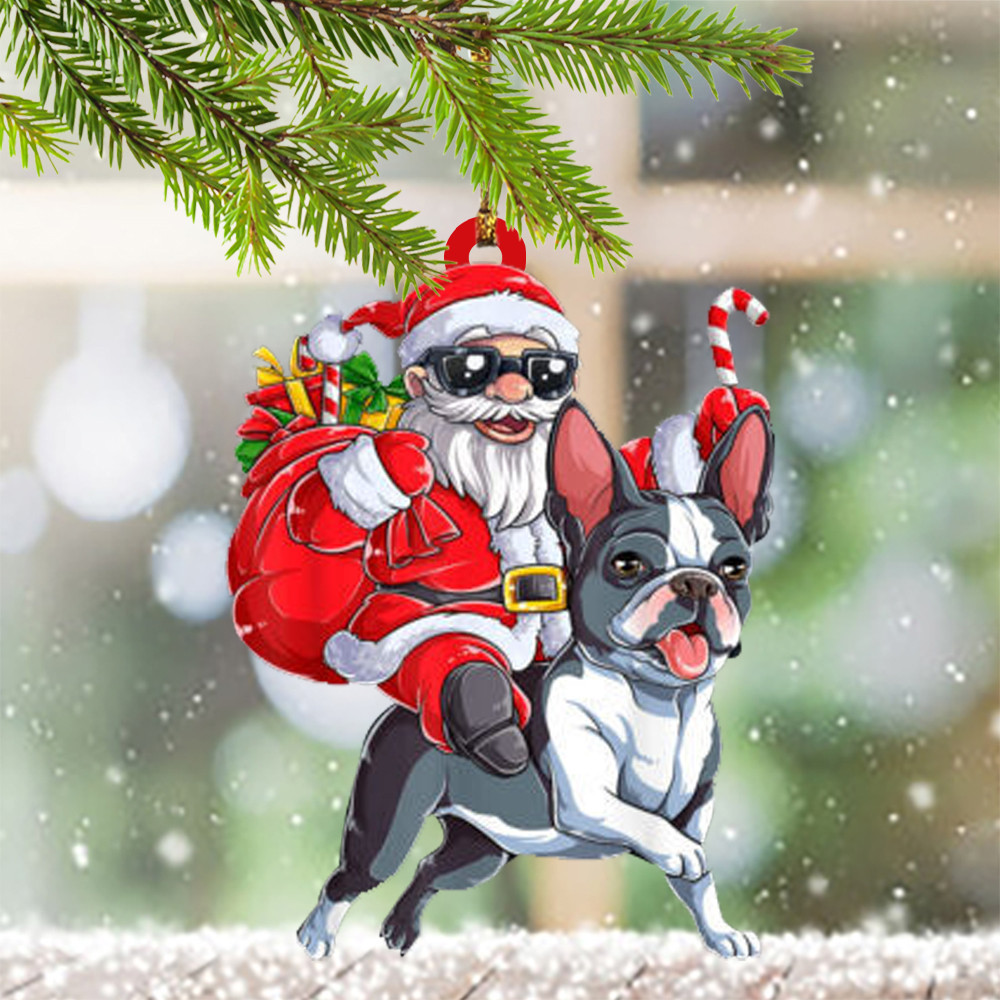 Santa Riding Boston Terrier Christmas Ornament Decorations Boston Terrier Merchandise Gifts