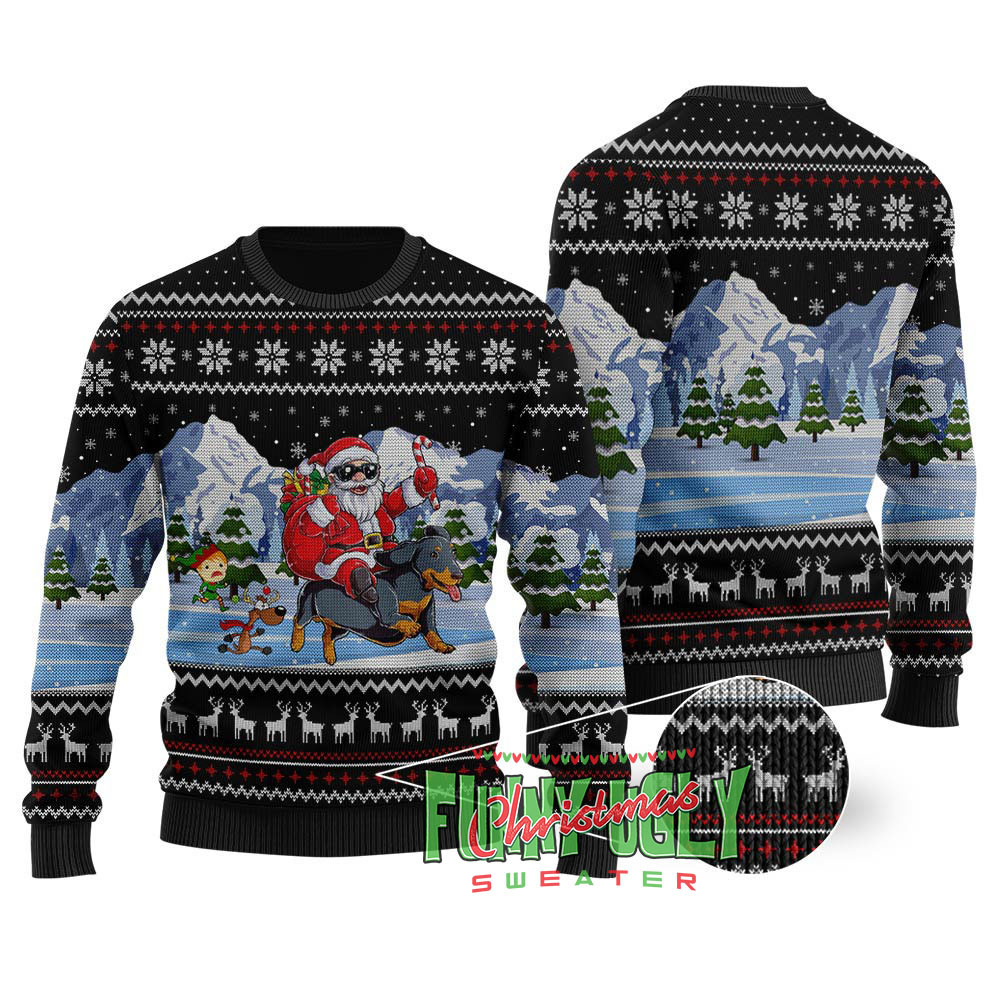 Santa Riding Dachshund Christmas Sweater Black Casual Winter Sweatshirt for Daily Comfort