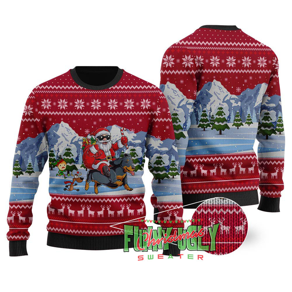 Santa Riding Dachshund Christmas Sweater Cardinal Red Trendy Winter Sweatshirt for Cozy Moments