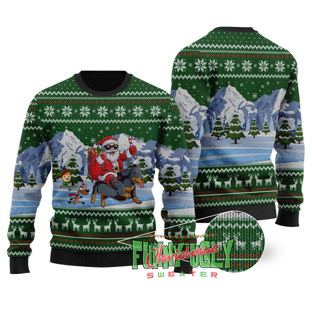 Santa Riding Dachshund Christmas Sweater Forest Green Lovely Christmas Sweater Gift for Mom or Grandma