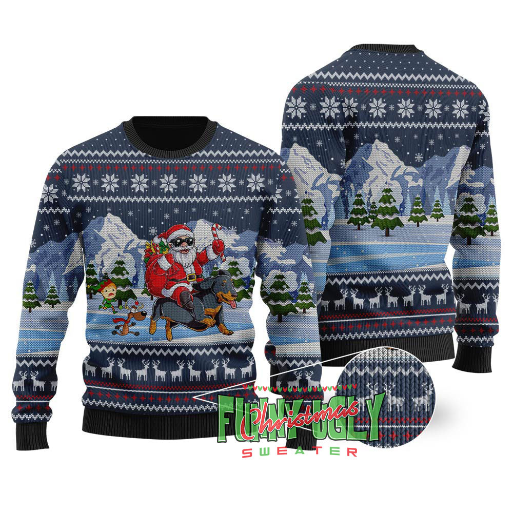 Santa Riding Dachshund Christmas Sweater Navy Seasonal Gift Merch for Cozy Christmas Vibes