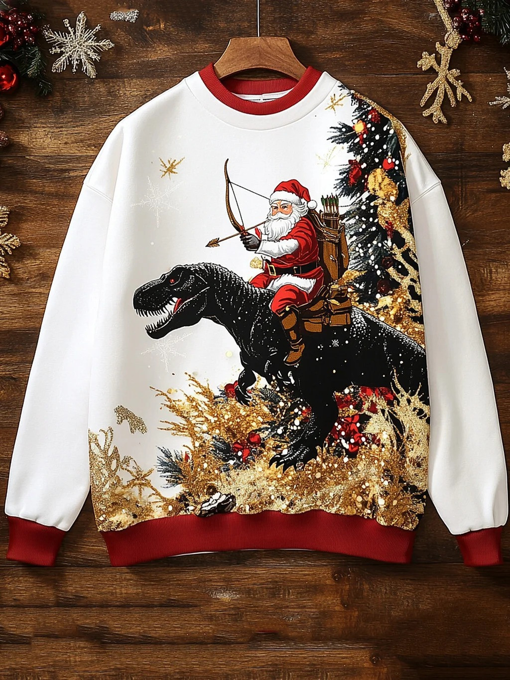 Santa Riding Dinosaur Christmas Sweatshirt Santa Shooting Arrows Gifts For Dinosaur Lovers