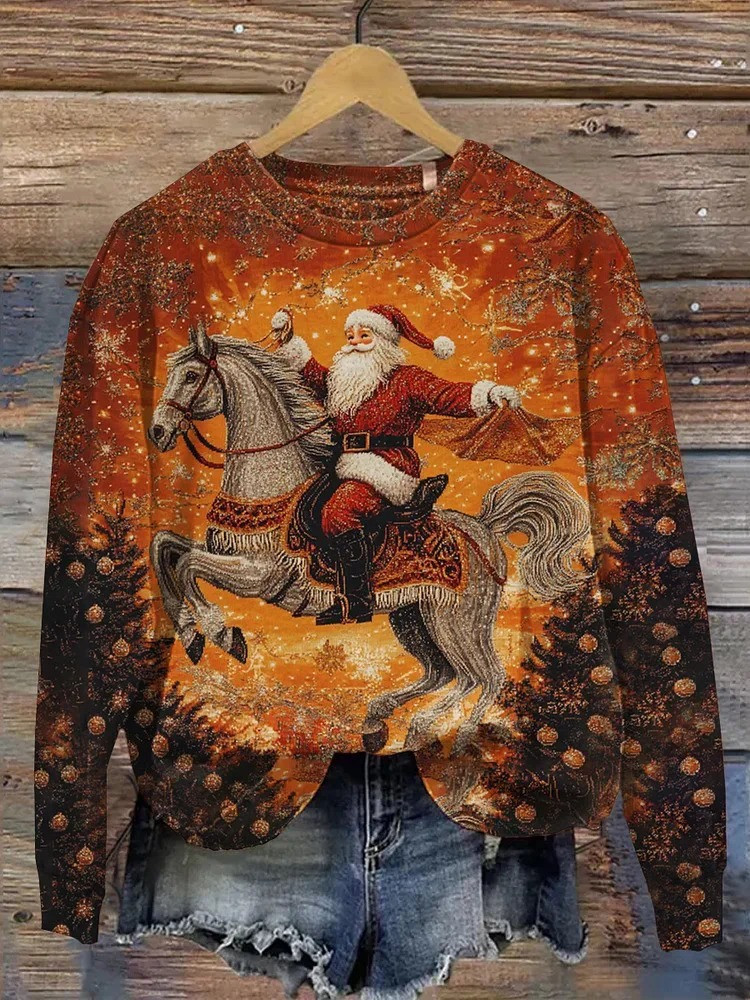 Santa Riding Horse Christmas Sweatshirt Pine Tree Christmas Horse Riding Gifts