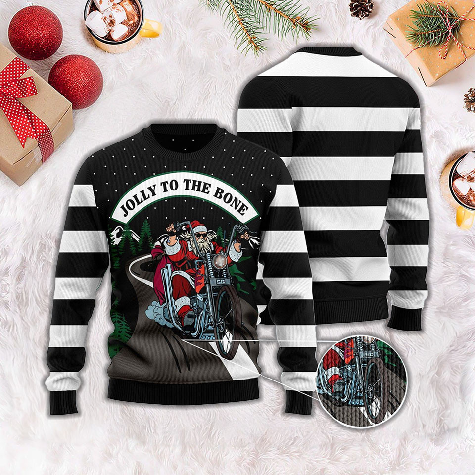 Santa Riding Motorbike Jolly To The Bone Ugly Christmas Sweater Motorbike Christmas Gifts