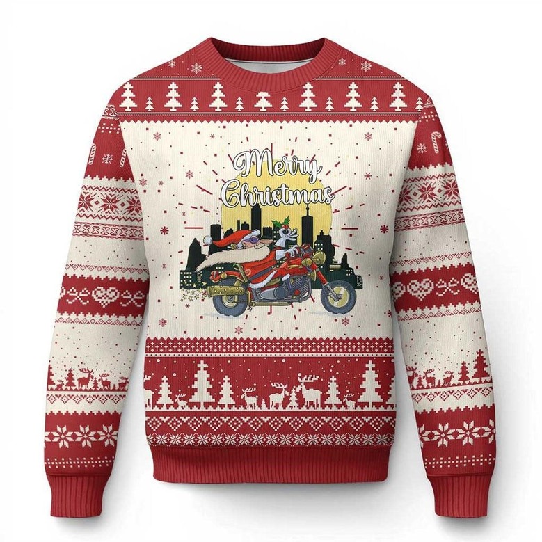 Santa Riding Motorcycle Ugly Holiday Sweater Merry Christmas Jumper Motorbike Related Gifts