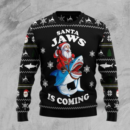 Santa Riding Shark Jaws Is Coming Ugly Christmas Jumper Humor Apparel Cool Shark Gifts