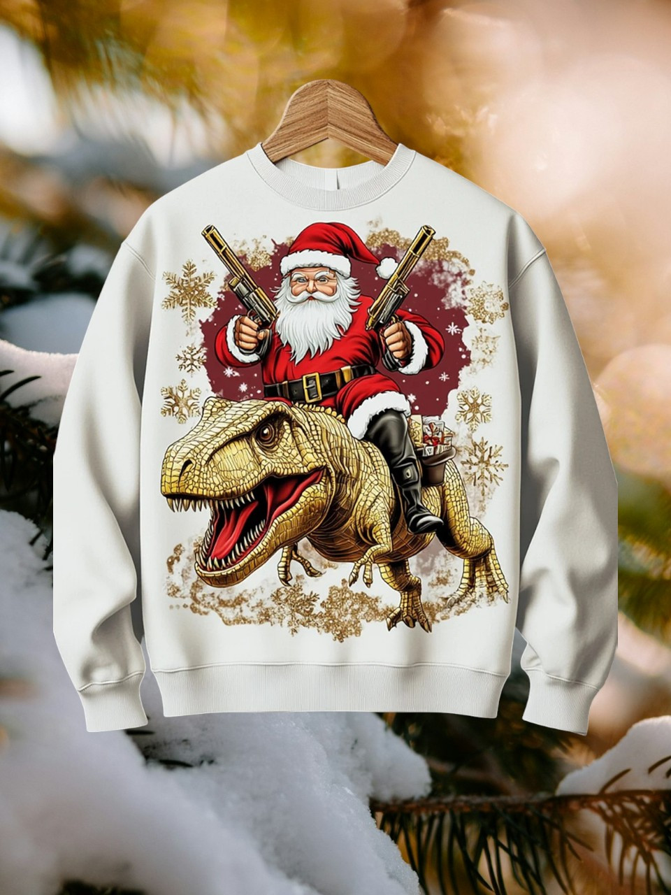 Santa Riding T-Rex Christmas Sweatshirt Santa With Dual Pistols Dinosaur Themed Gifts