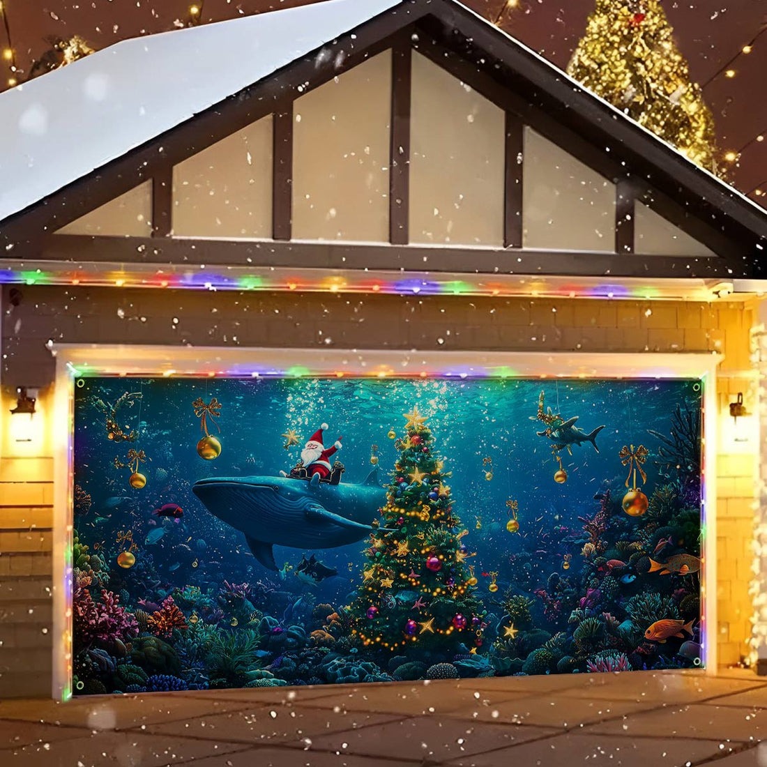 Santa Riding Whale In Ocean Christmas Garage Door Cover Under The Sea Collection Gara Decorations