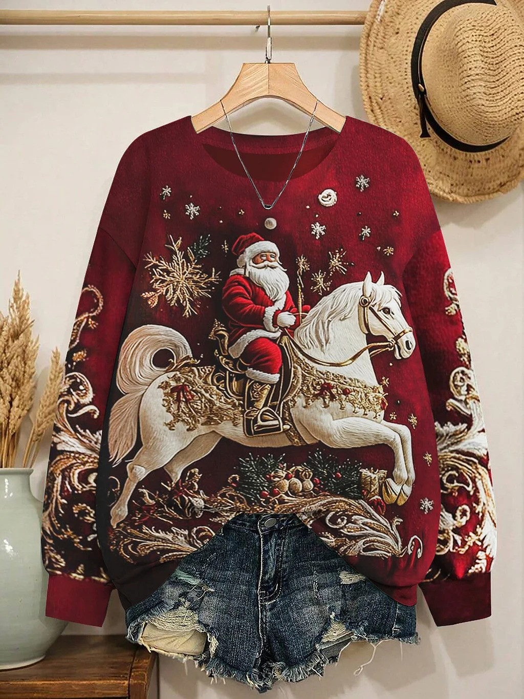 Santa Riding White Horse Christmas Holiday Sweatshirt Christmas Gifts For Horse Lovers