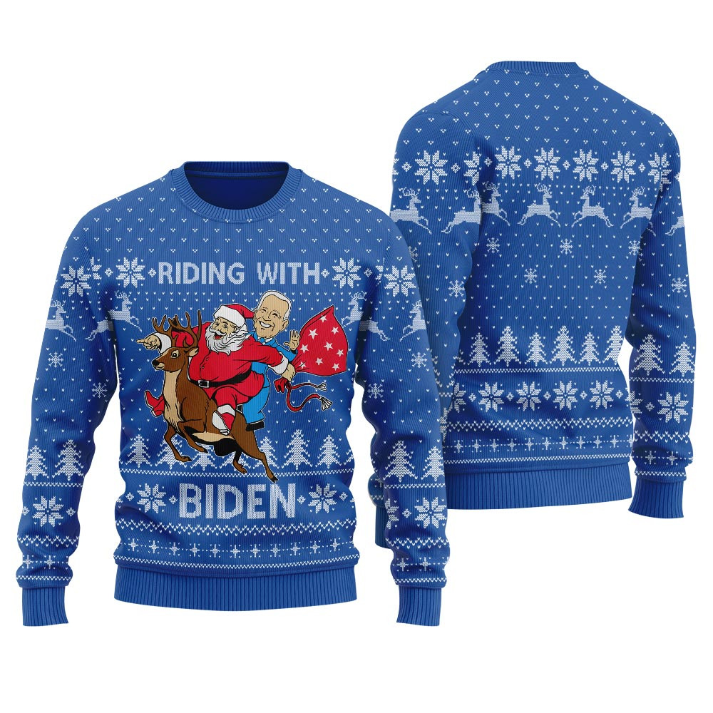 Santa Riding With Biden Christmas Sweater Men Lovely Christmas Sweater Gift for Mom or Grandma