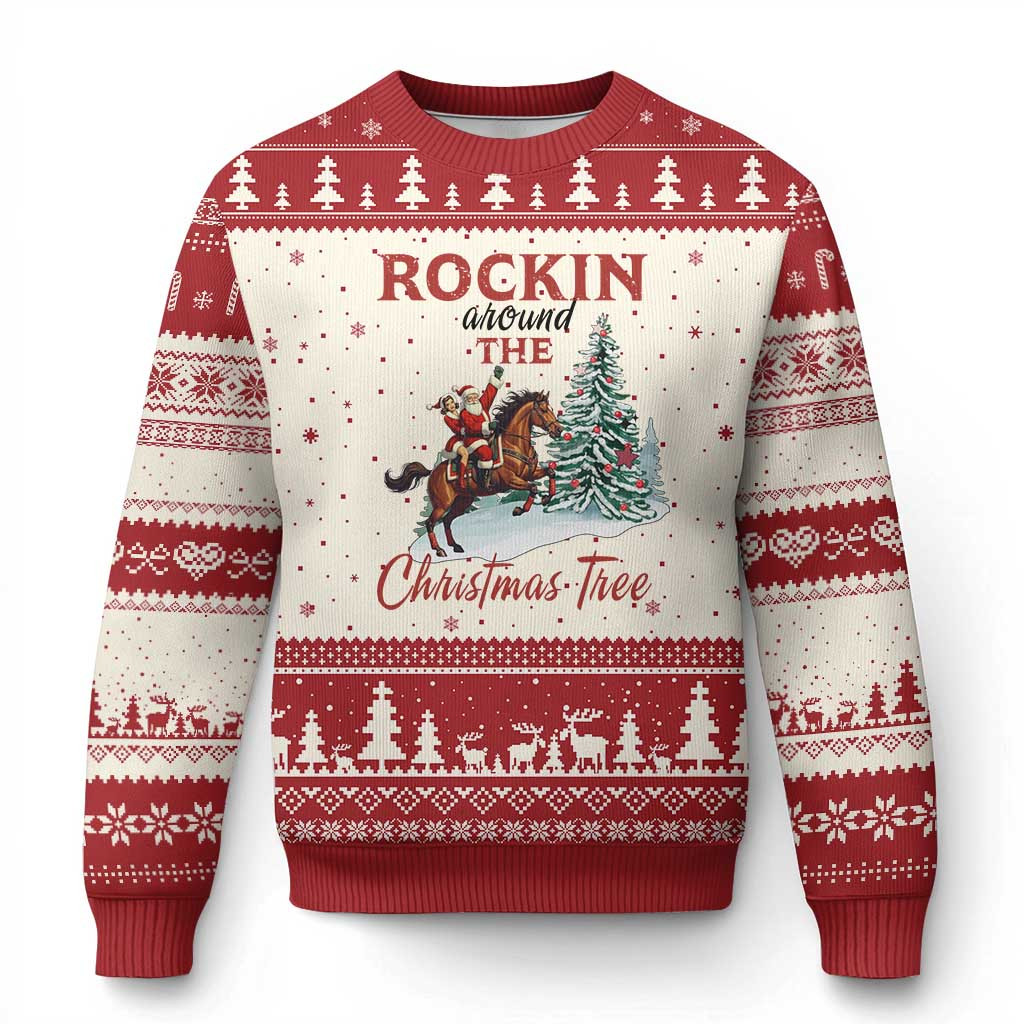 Santa Rockin Around The Xmas Tree Ugly Christmas Sweater Best Gift For Horse Riding Lovers