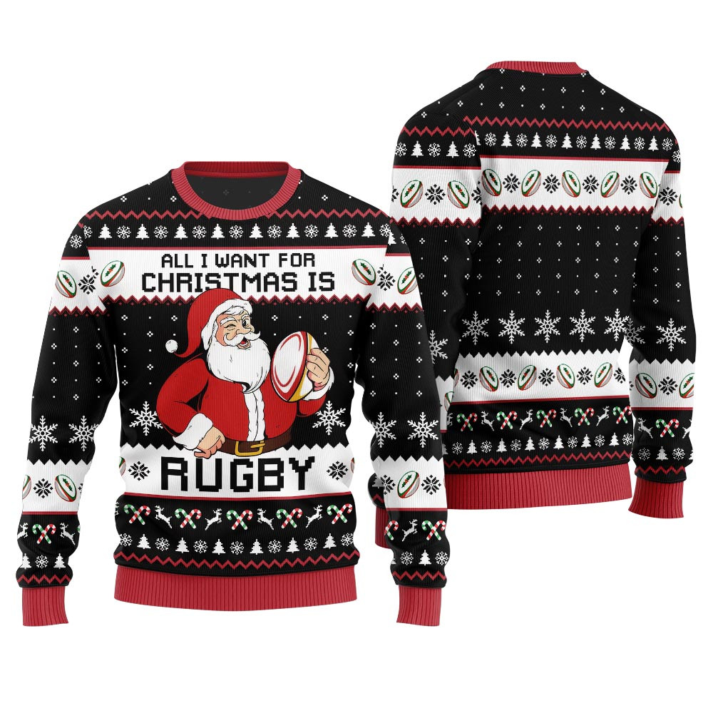 Santa Rugby Ugly Christmas Sweater Funny Holiday Sweater for Family Gatherings