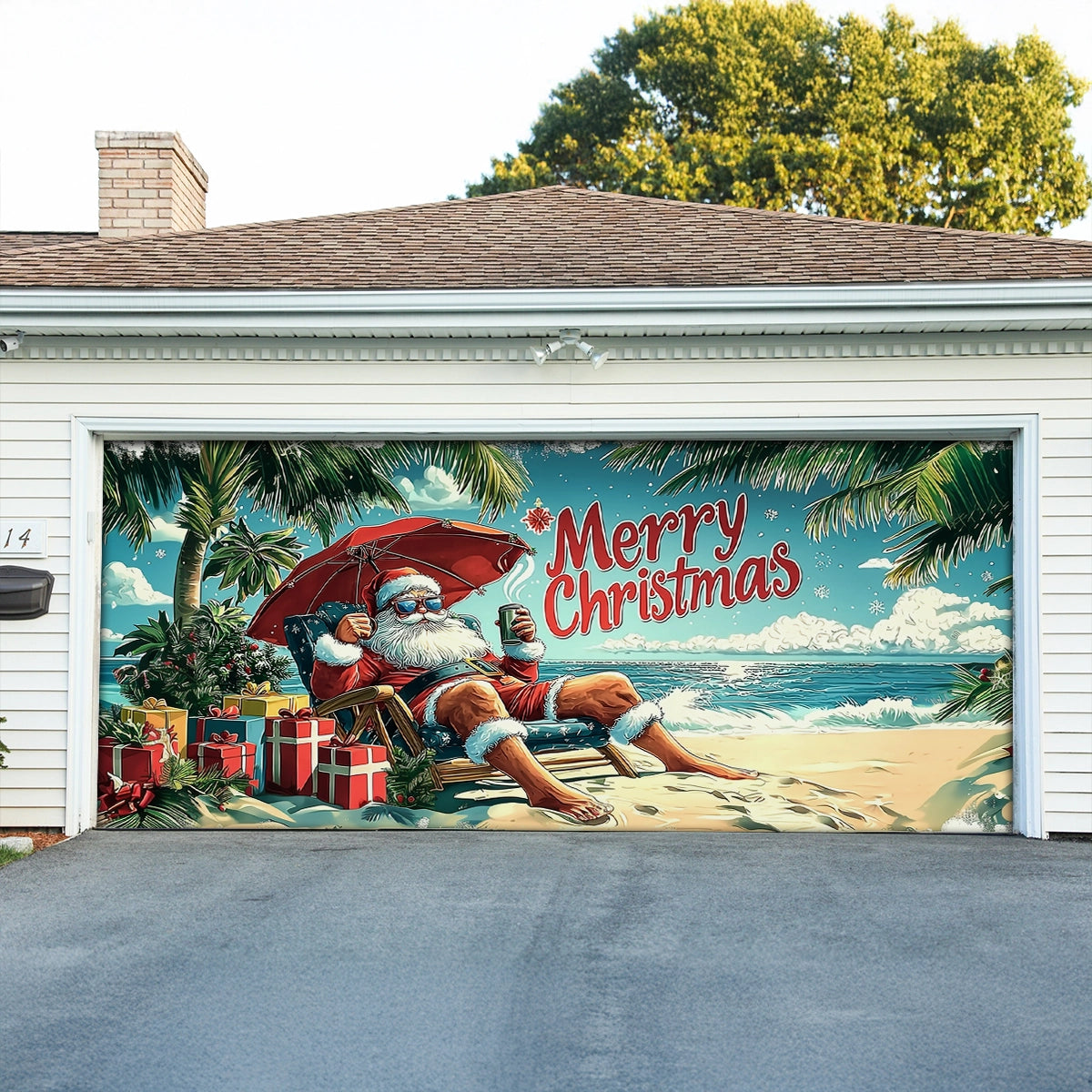 Santa Seaside Relaxing Christmas Garage Door Banner Home Decor Christmas Gifts For Him
