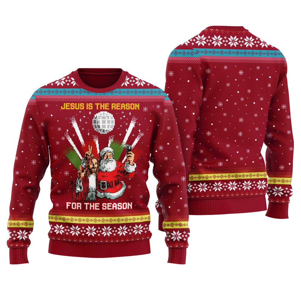 Santa Selfie With Jesus Mens Ugly Christmas Sweater Unique Holiday Sweater Gift Idea for Loved Ones
