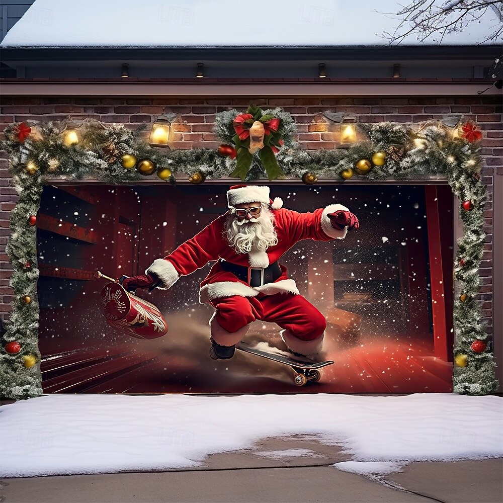 Santa Skateboarding Christmas Garage Door Cover Xmas Garage Backdrop Decor Santa Gifts