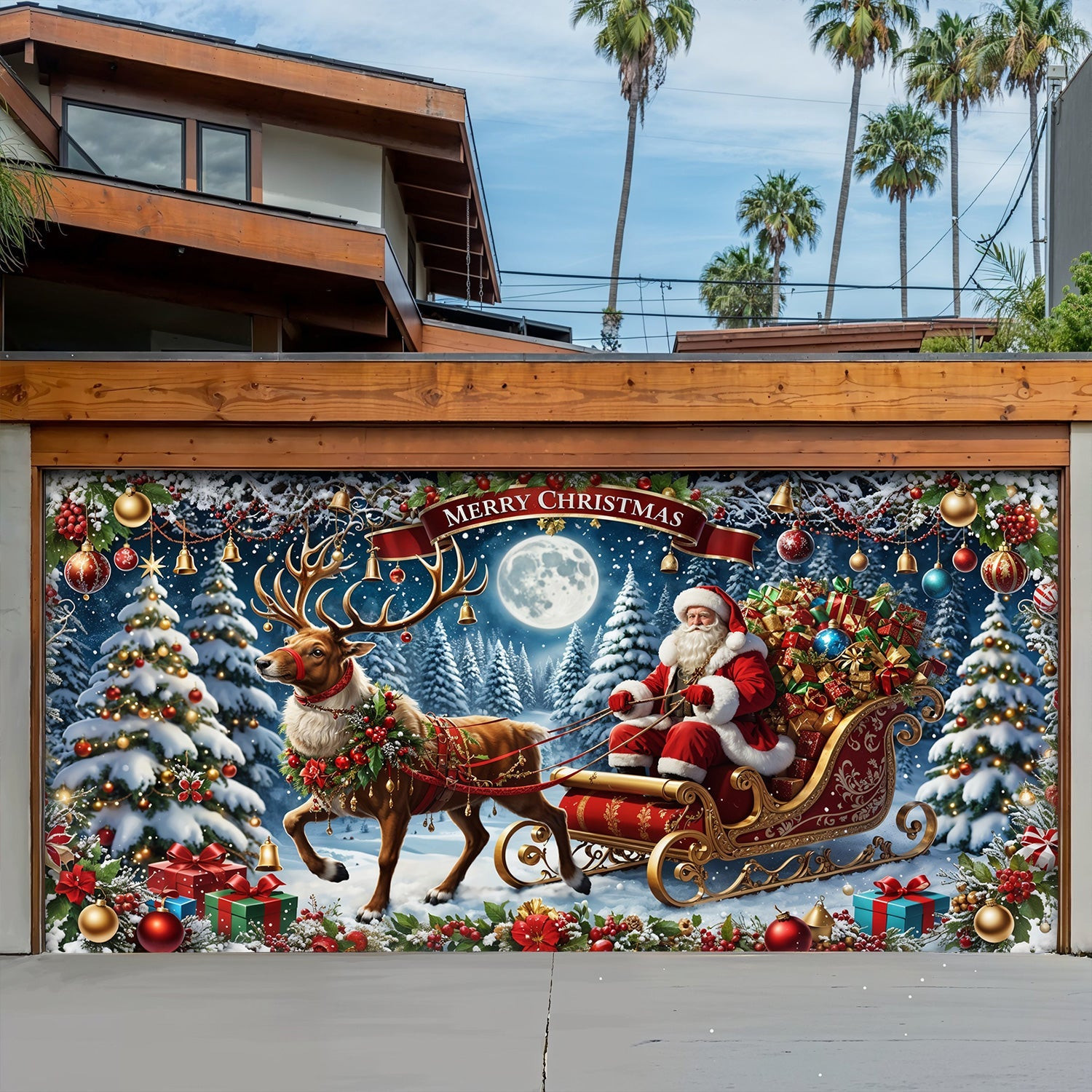 Santa Sleigh Christmas Garage Door Banner Christmas Themed Garage Door Covers Xmas Gifts