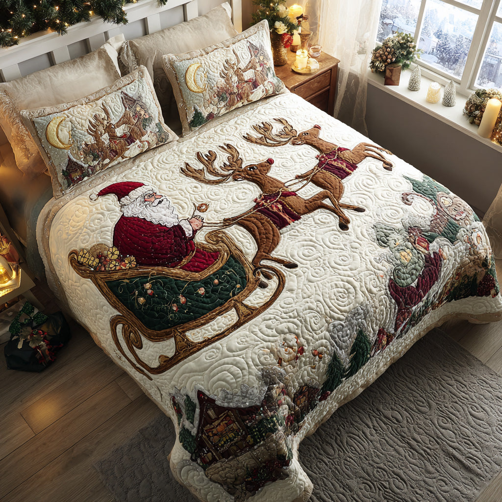 Santa Sleigh Ride Quilted Bedding Set Holiday Duvet Covers Good Family Gifts For Christmas