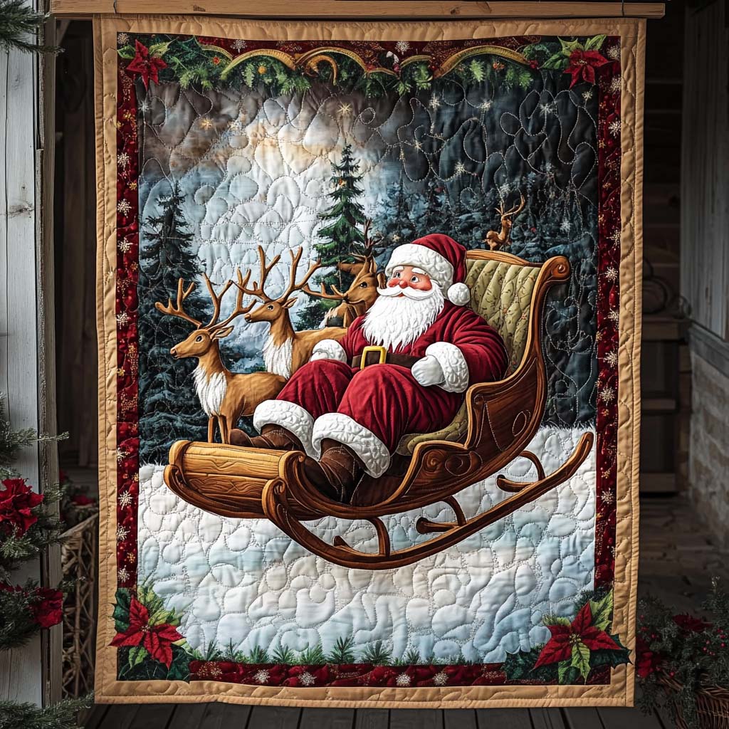 Santa Sleigh Ride Quilted Blanket Reindeer Christmas Presents
