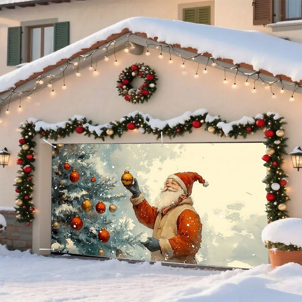Santa Snowy Christmas Garage Door Cover Winter Garage Background Decor Santa Based Gifts