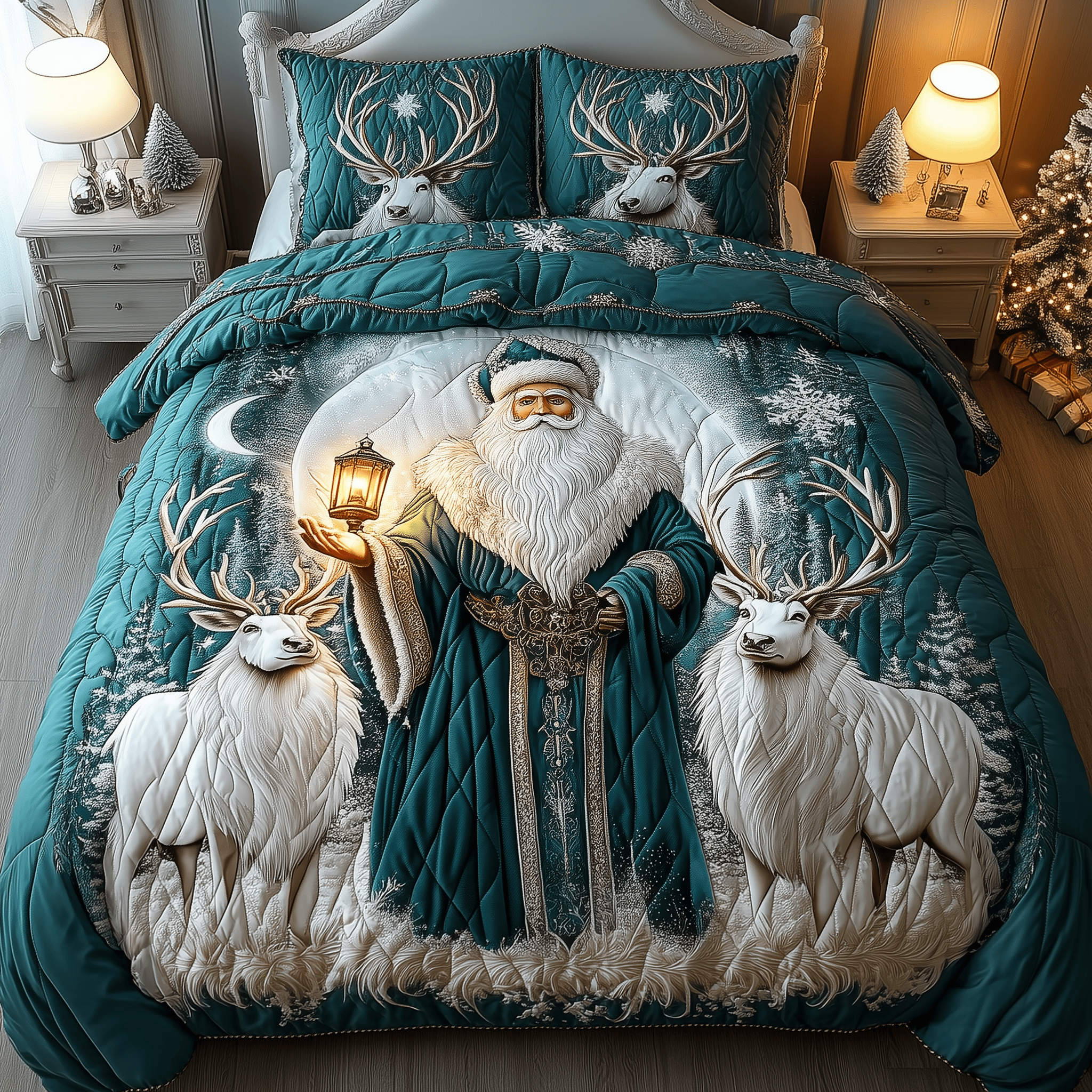 Santa Snowy Night Quilted Bedding Set Gifts To Get Your Mother In Law For Christmas