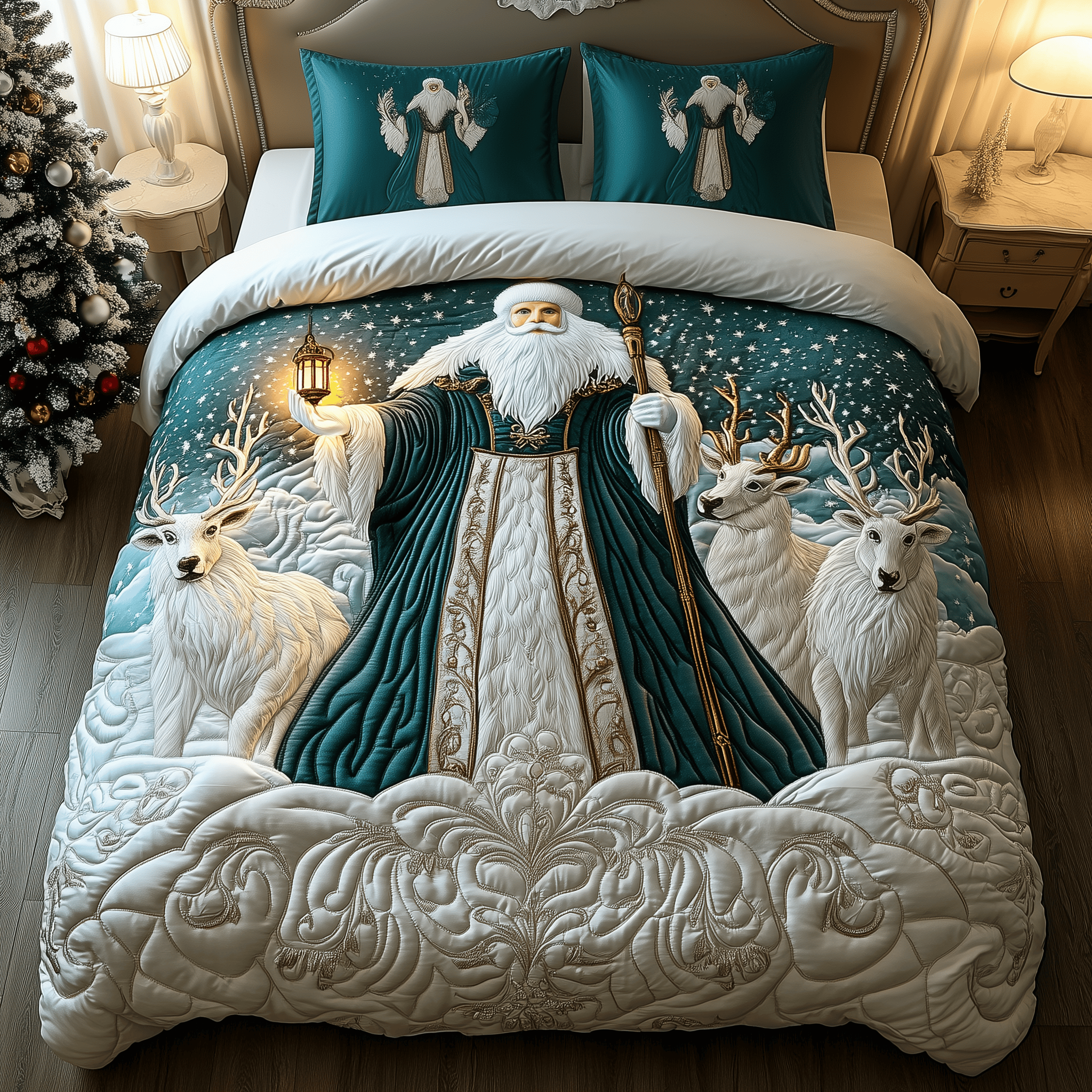 Santa Snowy Night Quilted Bedding Set Xmas Gifts For Mother In Law