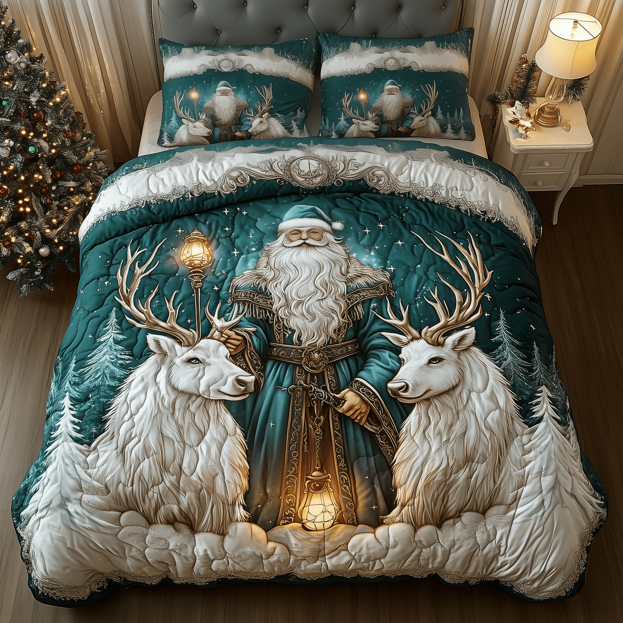 Santa Snowy Night Quilted Bedding Set Xmas Presents For Mother In Law