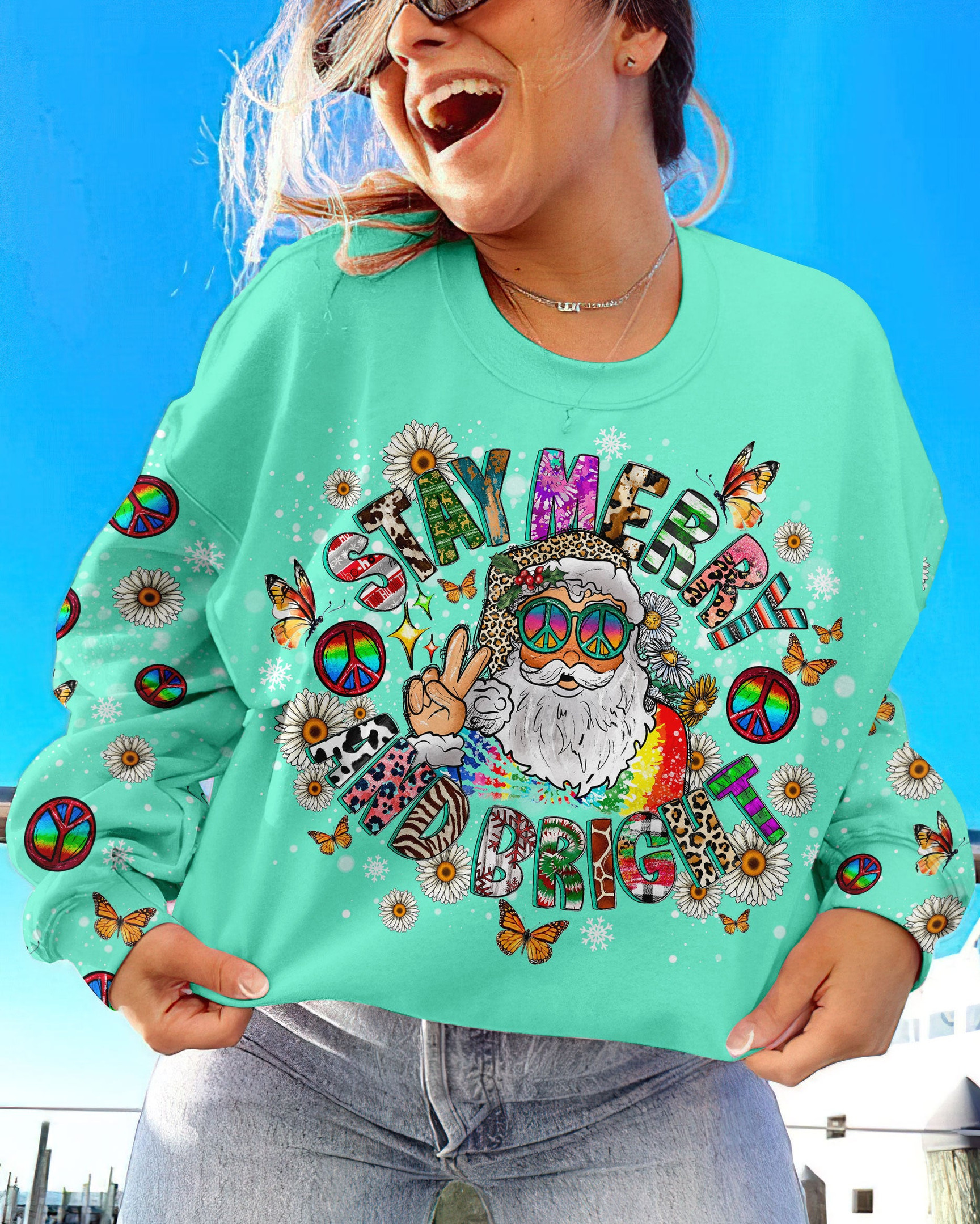 Santa Stay Merry And Bright Sweatshirt Cute Christmas Clothes Gifts For Hippie Girlfriend