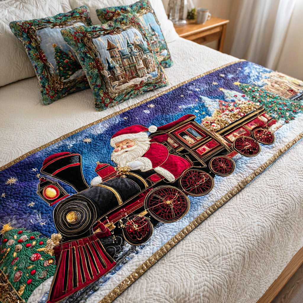 Santa Steamway Quilted Bed Runner Bed Christmas Decor Secret Santa Gifts