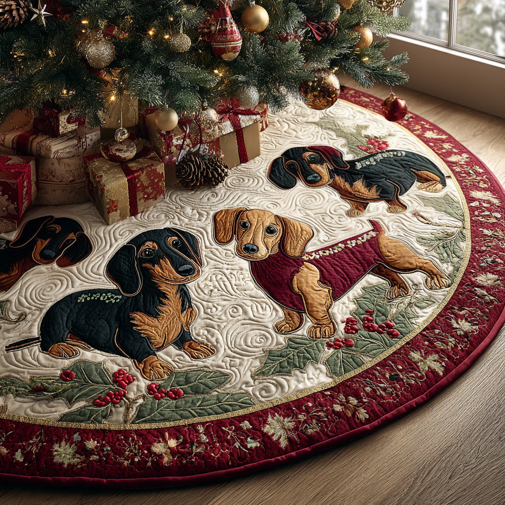 Santa Stretchy Helper Quilted Christmas Tree Skirt Holiday Decor Dachshund Merchandise