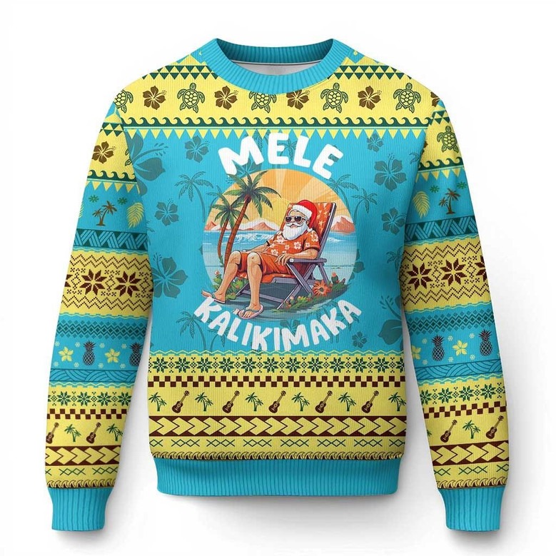 Santa Sunbathing Mele Kalikimaka Ugly Christmas Sweater Tropical Jumper Funny Xmas Gifts