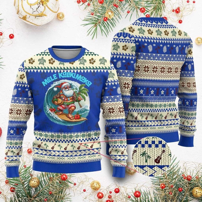 Santa Surfing Mele Kalikimaka Ugly Christmas Sweater Xmas Aloha Gifts For Surfing Lovers