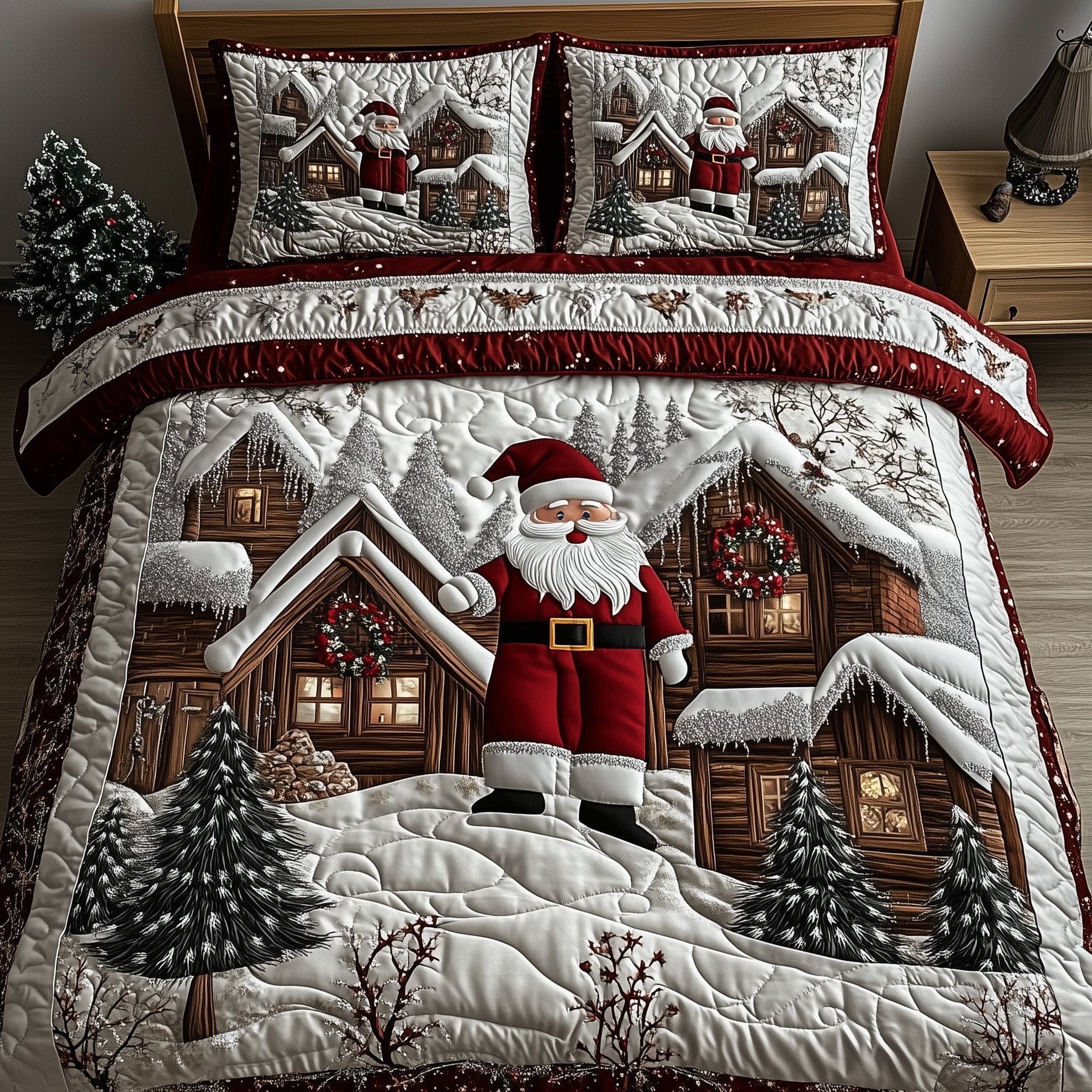 Santa Town Christmas Quilted Bedding Set Duvet Cover Bedspread Cute Xmas Gifts For Him