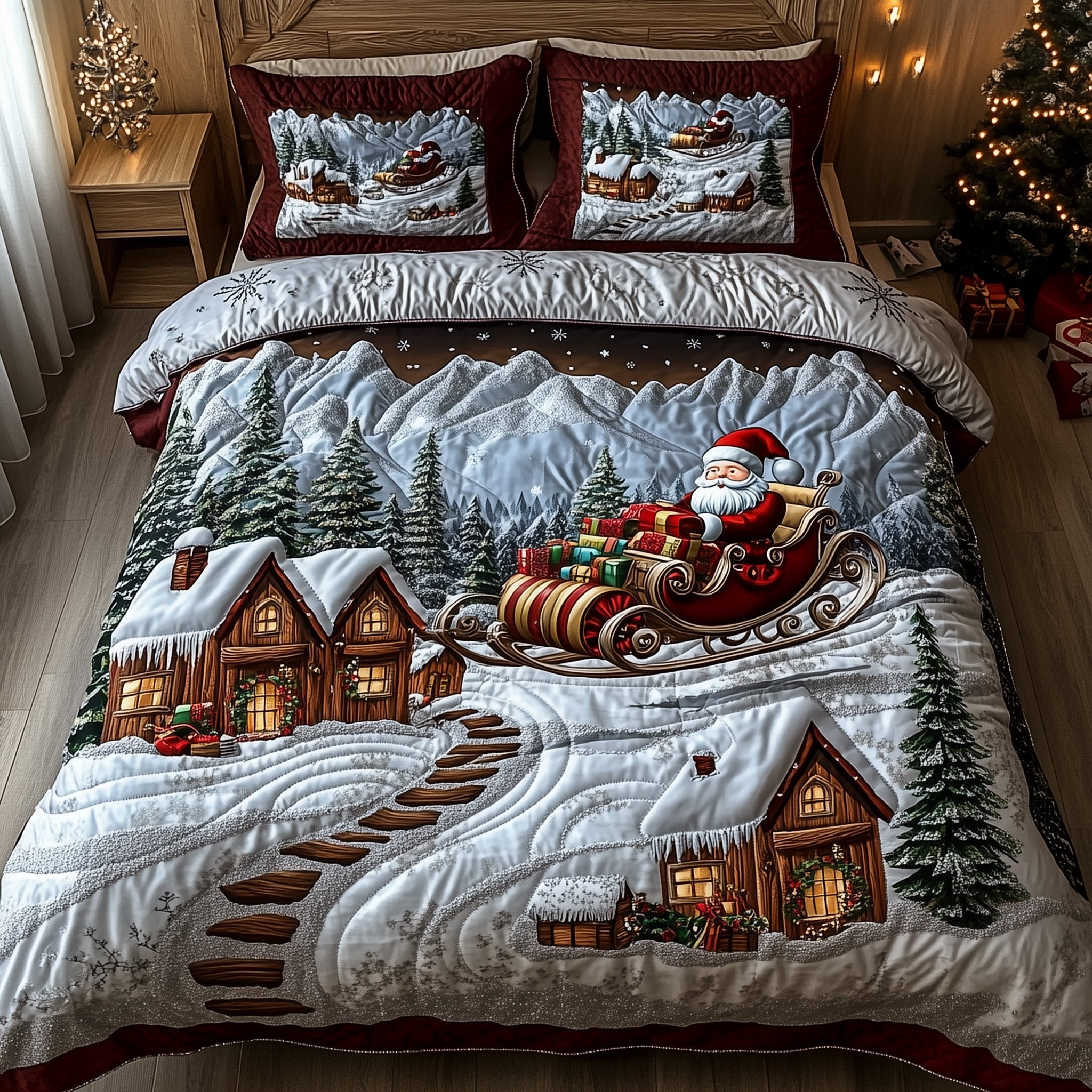 Santa Town Christmas Quilted Bedding Set Duvet Cover Bedspread Cute Xmas Gifts For Lovers