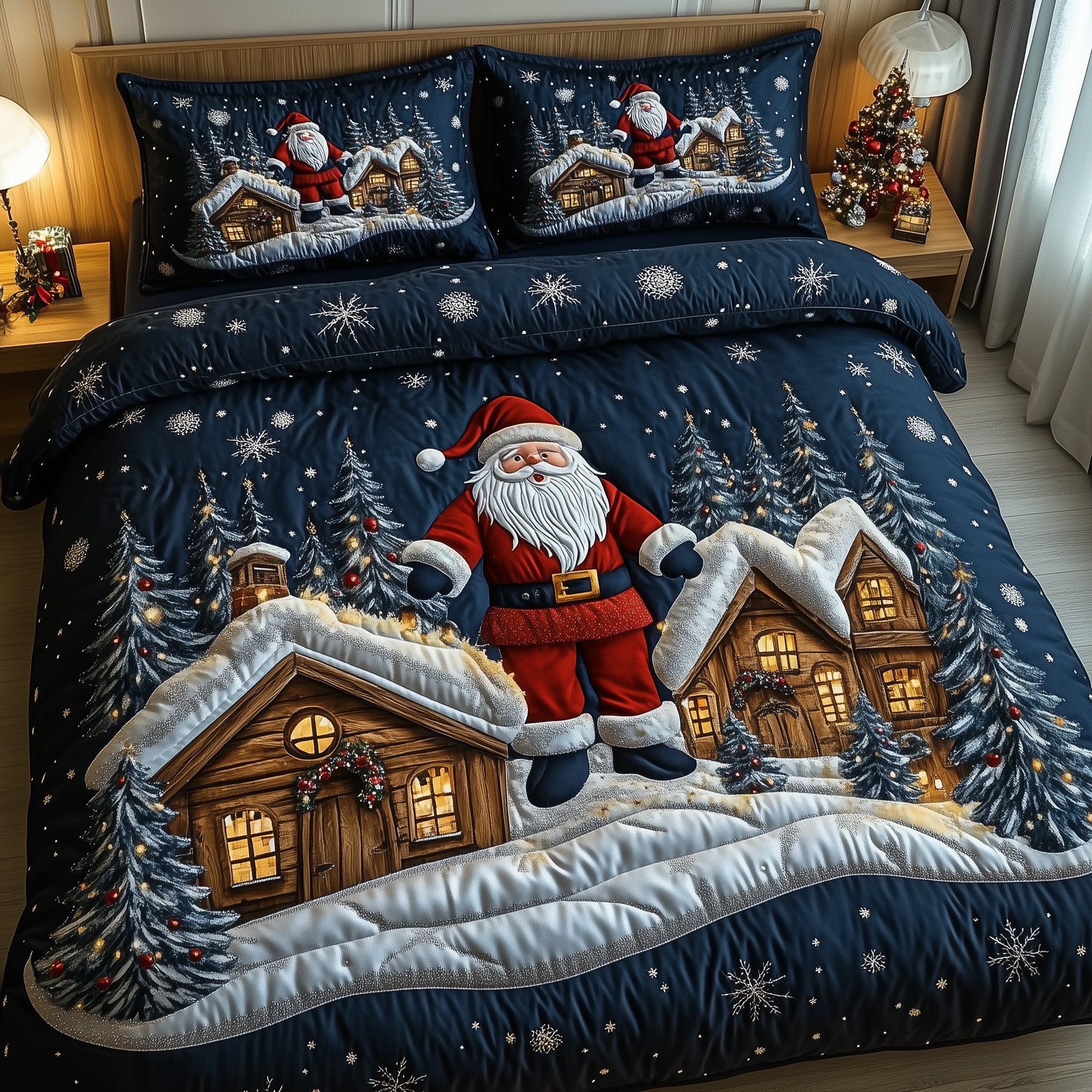 Santa Town Christmas Quilted Bedding Set Duvet Cover Bedspread Cute Xmas Gifts For Son
