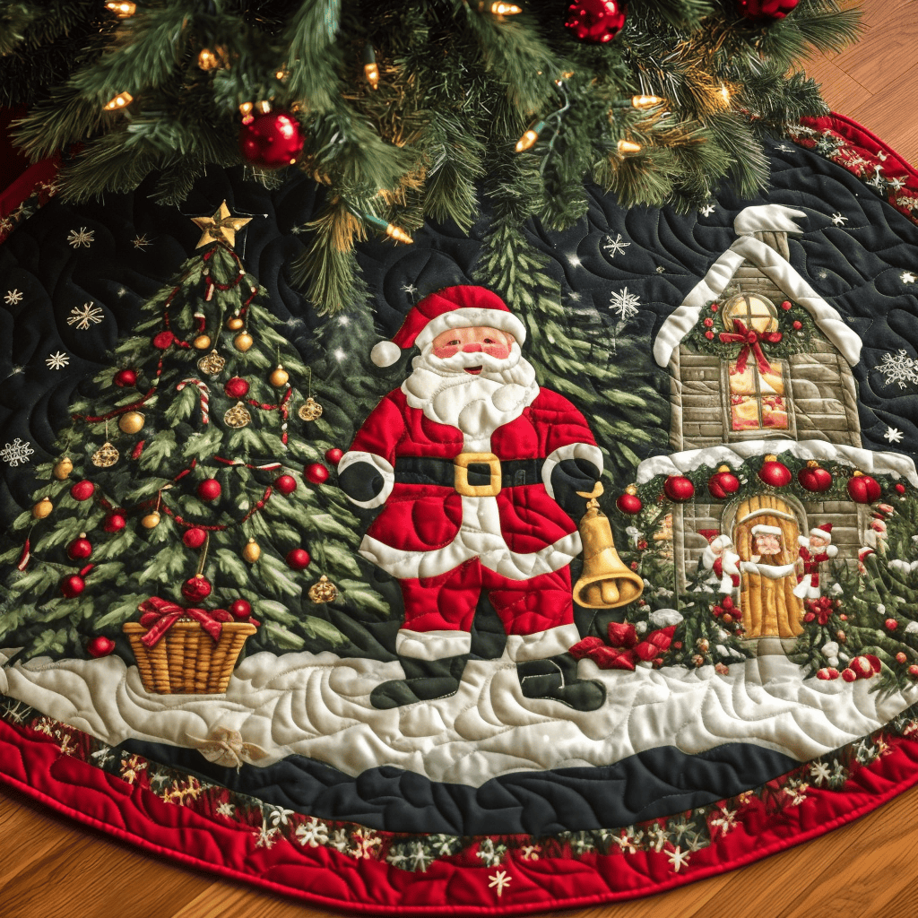 Santa Town Quilted Christmas Tree Skirt Christmas Tree Surround Base Cover Santa Claus Gift
