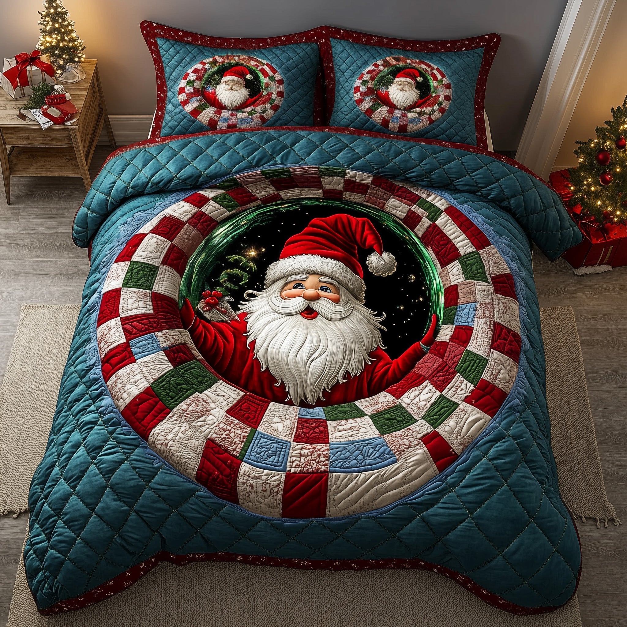 Santa Tunnel Christmas Quilted Bedding Set Duvet Cover Bedspread Santa Claus Theme Cute Gifts For Xmas