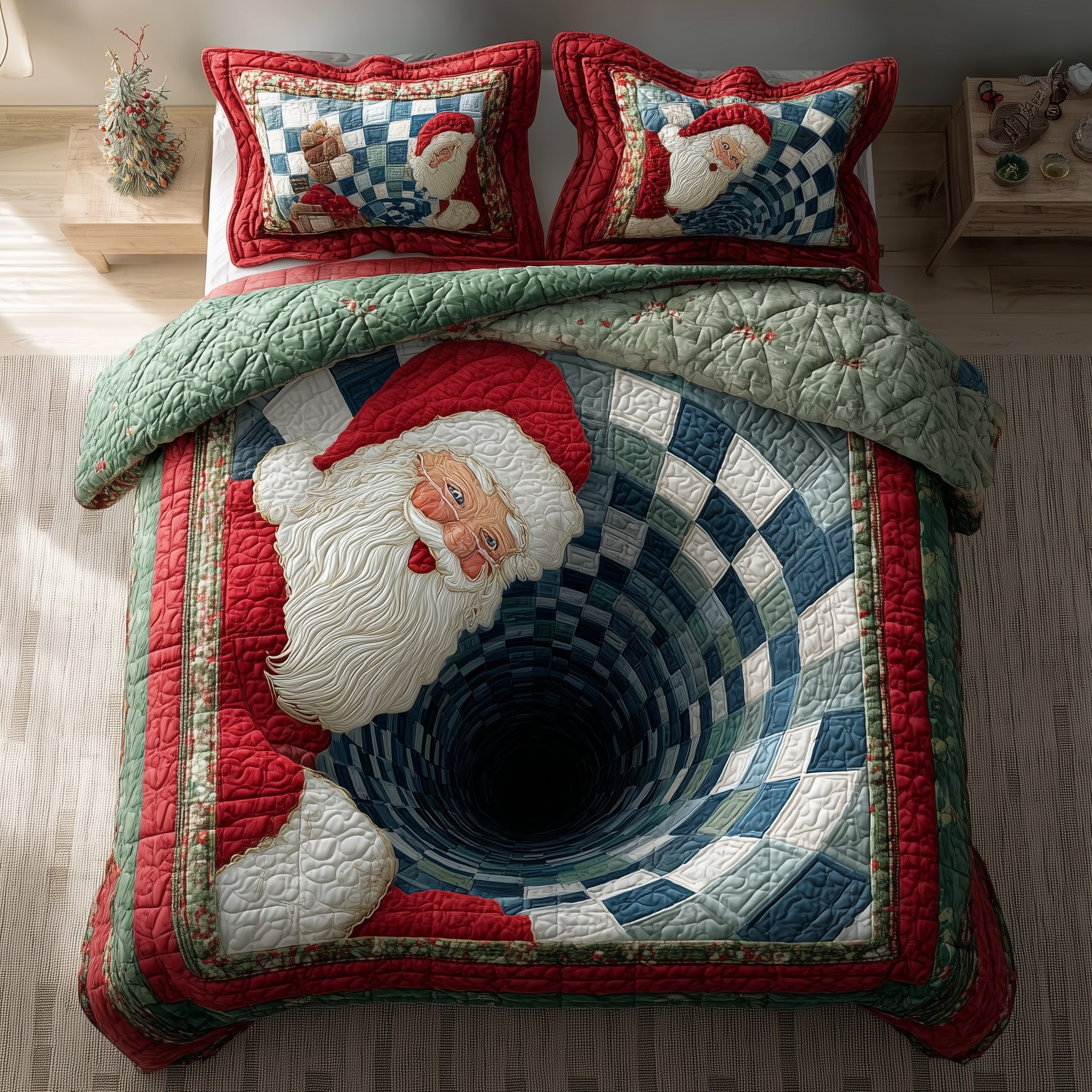 Santa Tunnel Christmas Quilted Bedding Set Duvet Cover Bedspread Xmas Santa Claus Theme Gifts