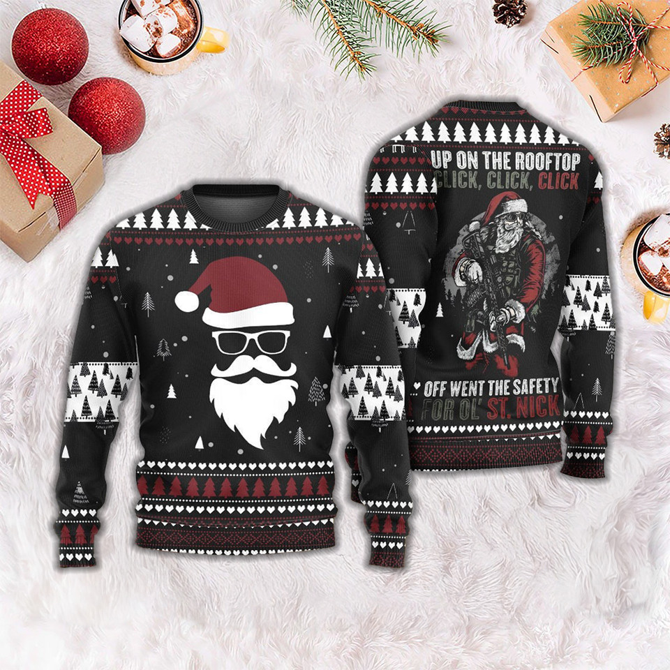 Santa Up On The Rooftop Click Click Click Ugly Sweater Funny Santa Claus Christmas Sweater