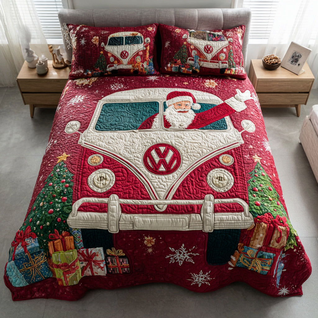 Santa Van Christmas Quilted Bedding Set Holiday Season Duvet Cover Set Christmas Presents 2025