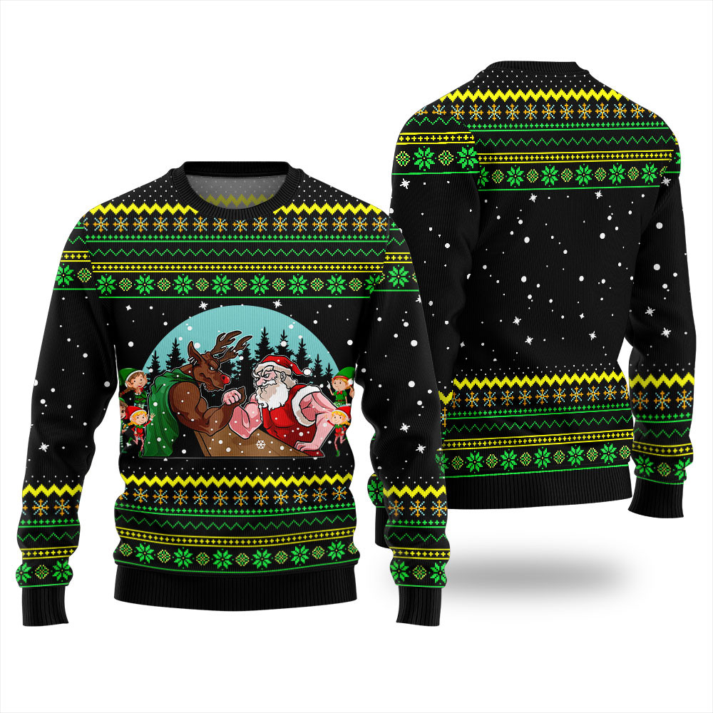 Santa Vs Reindeer Arm Wrestling Ugly Sweater Cozy Christmas Sweater for Holiday Season