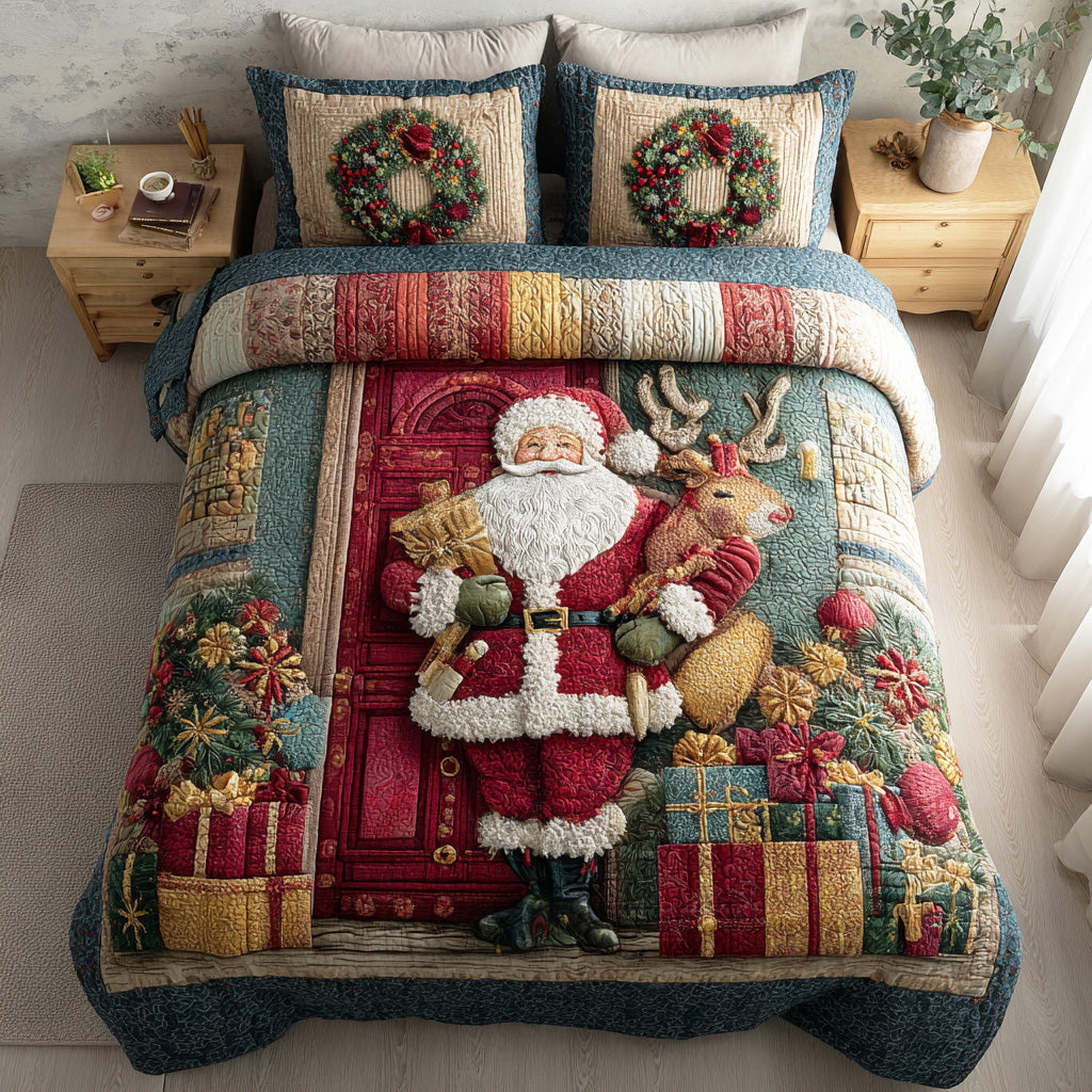 Santa Warm Welcome Quilted Bedding Set Holiday Duvet Cover Set Christmas Gifts For Wife