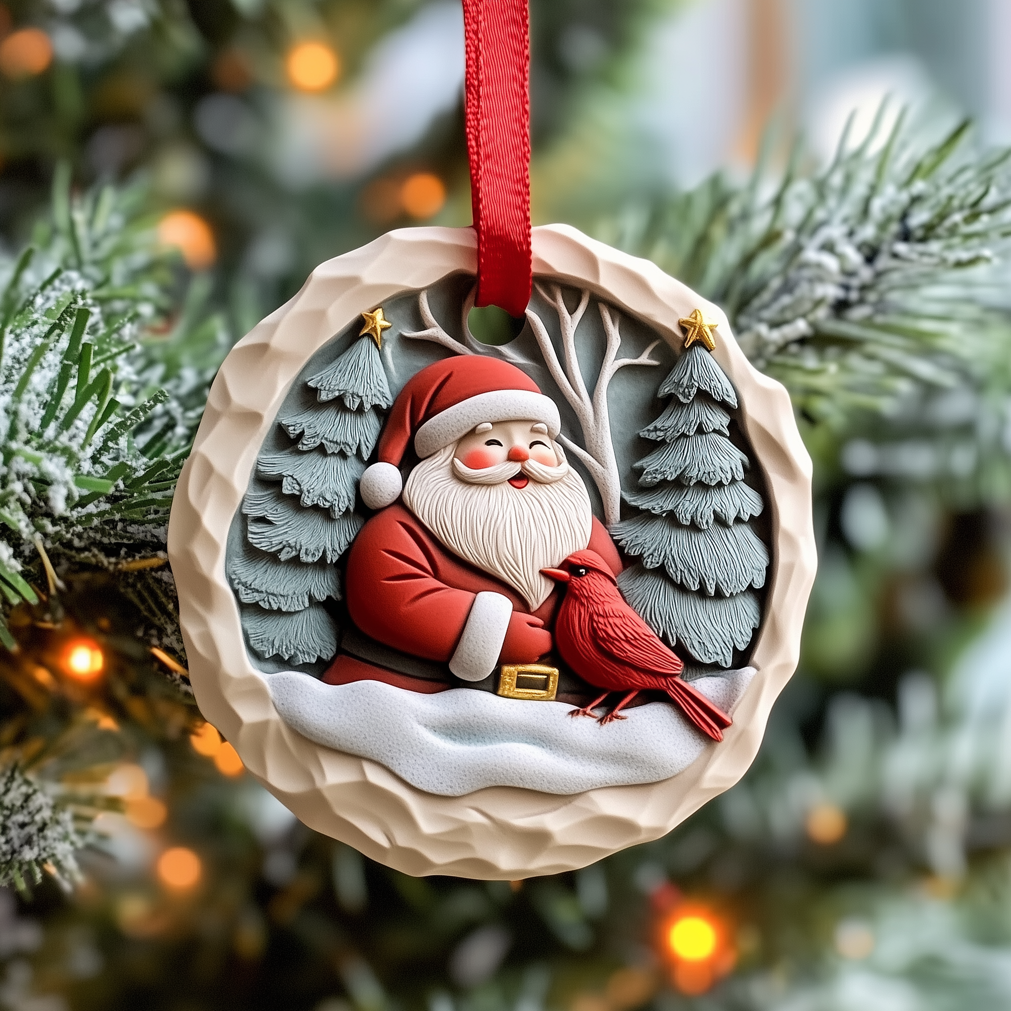 Santa With Cardinal Acrylic Ornament Holiday Ornament Keepsake