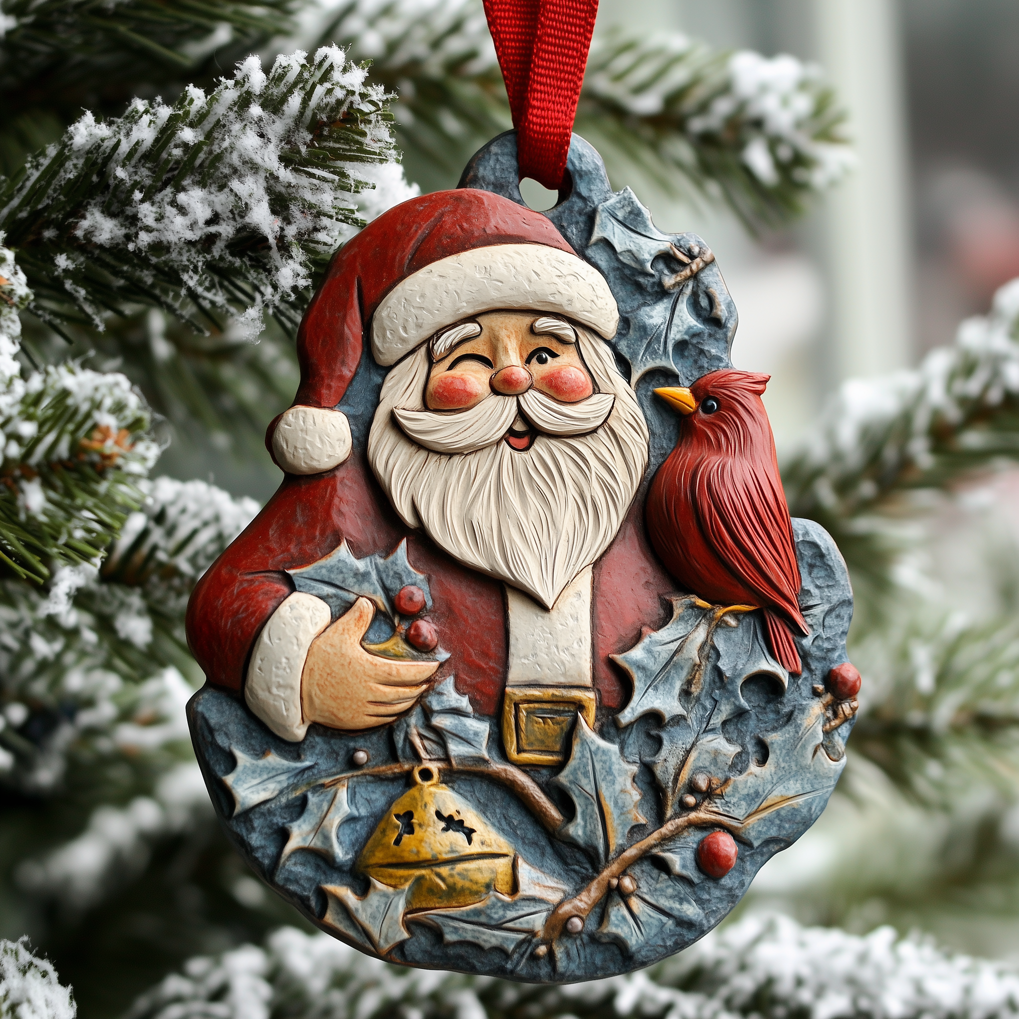 Santa With Cardinal Acrylic Ornament Holiday Tree Decoration