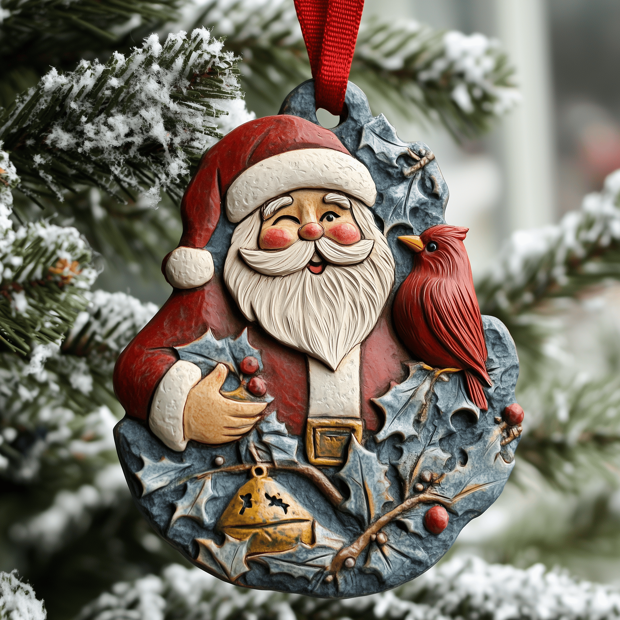 Santa With Cardinal Mica Ornament Feel the Charm of Unique Ornaments This Season